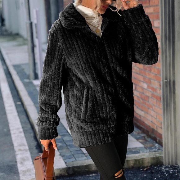 Women's Fleece Jacket Full Zip Sherpa Coat Pockets Casual Warm Outerwear - Picture 4 of 6